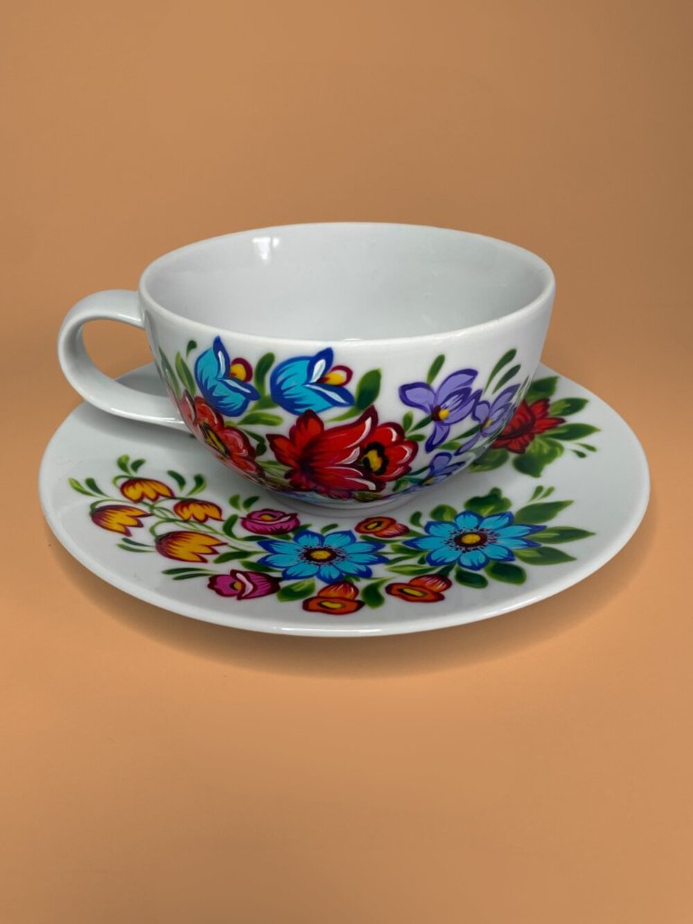 Karolina Porcelain Polska Flora Hand-Painted Zalipie Teacup and Saucer Set